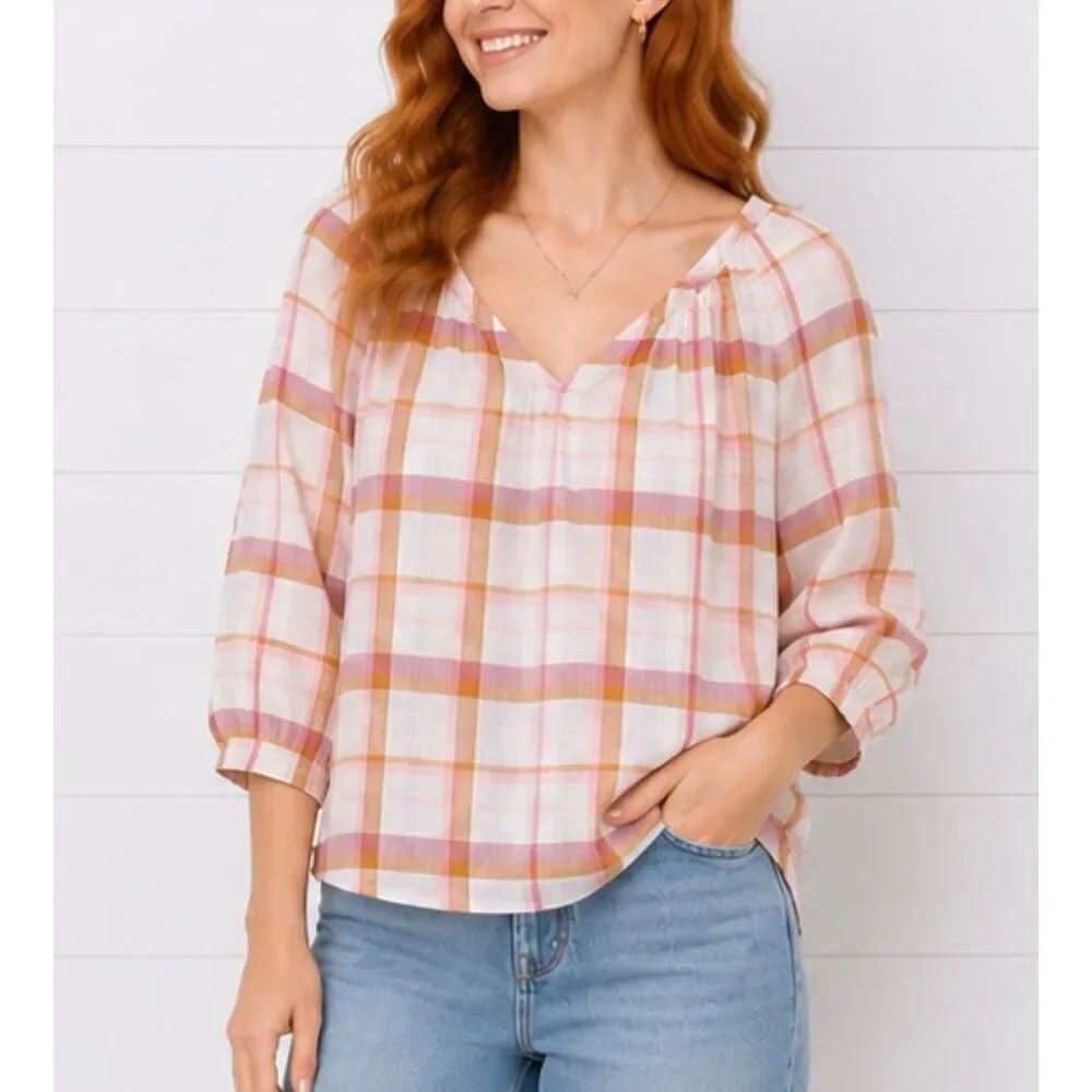 Loft puff sleeve gingham orange blouse M petite